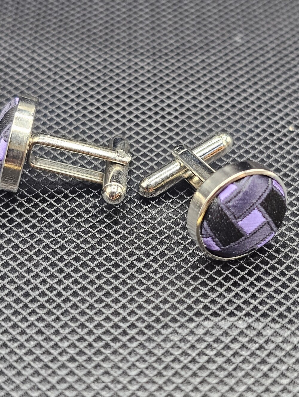 Silver Tone Cufflinks with Purple and Black Fabric Inlay